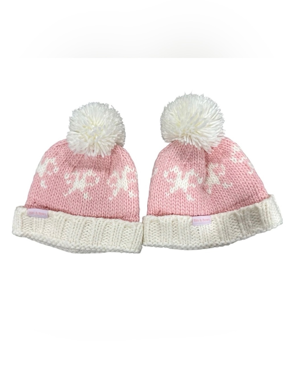 Bits & Bows Infant Pink & White Knit Winter Hats With Pom Pom Set Of Two - PRE-L